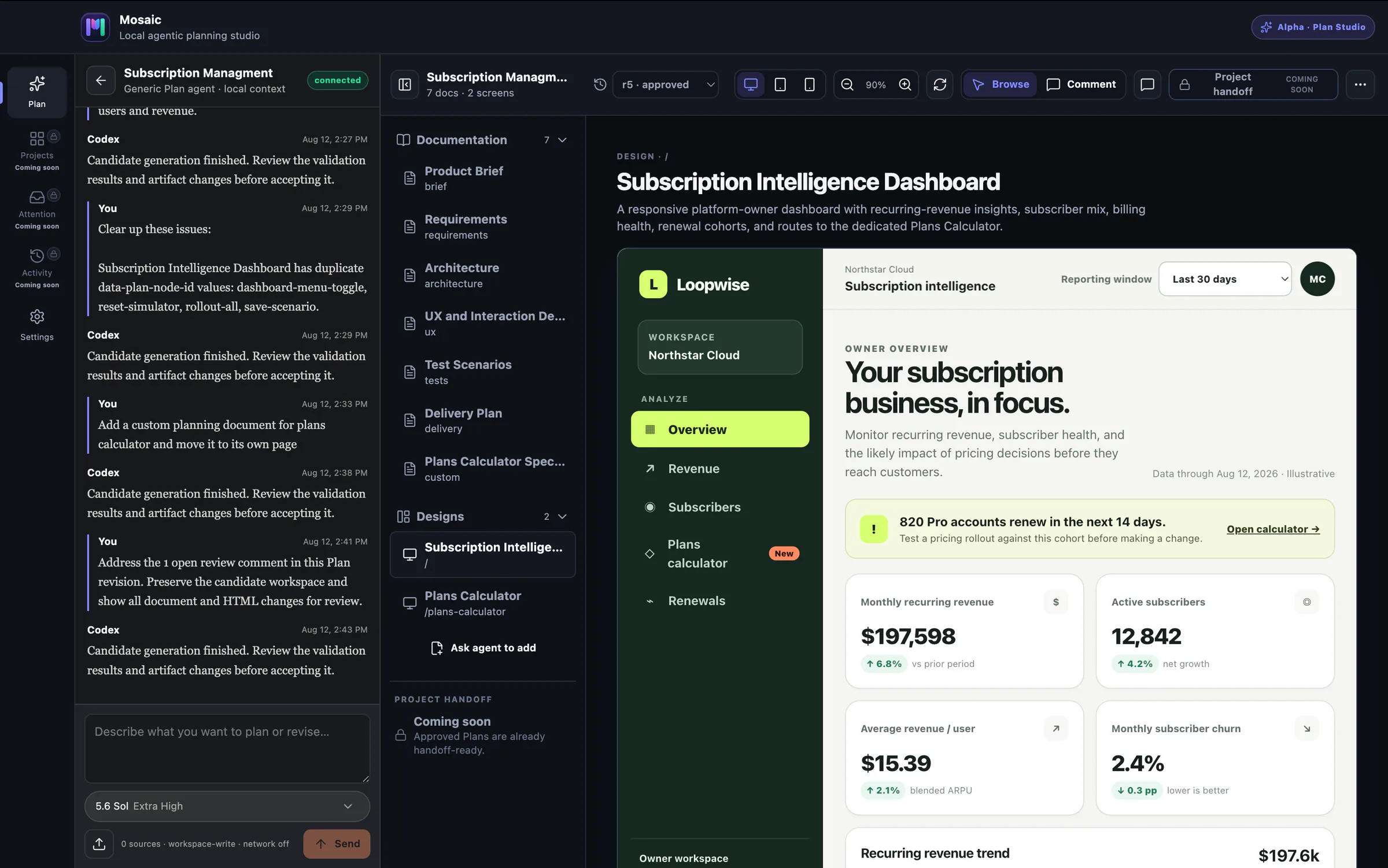 Mosaic Plan Studio showing a Codex planning chat, documents, and an interactive product design